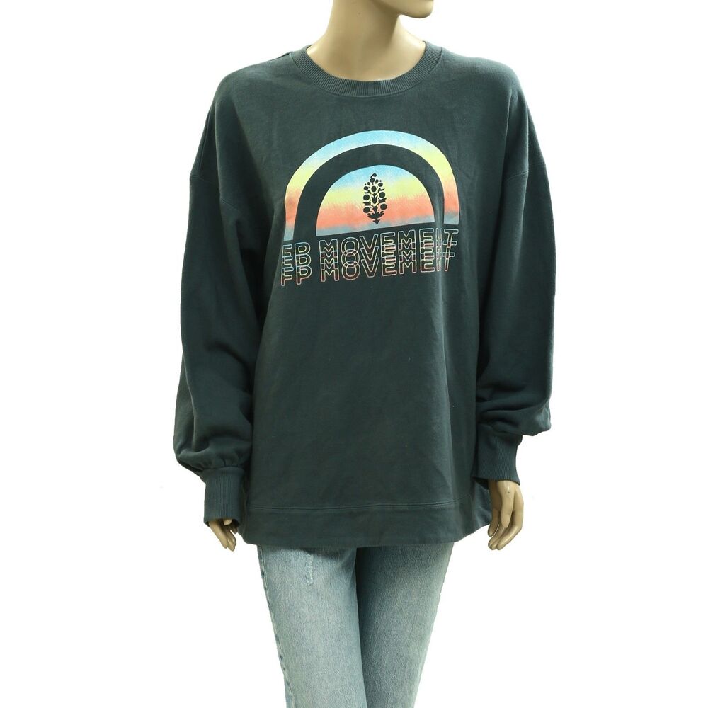 Free People FP Movement Graphic Rainbow Sweatshirt Pullover Top Green M 284133